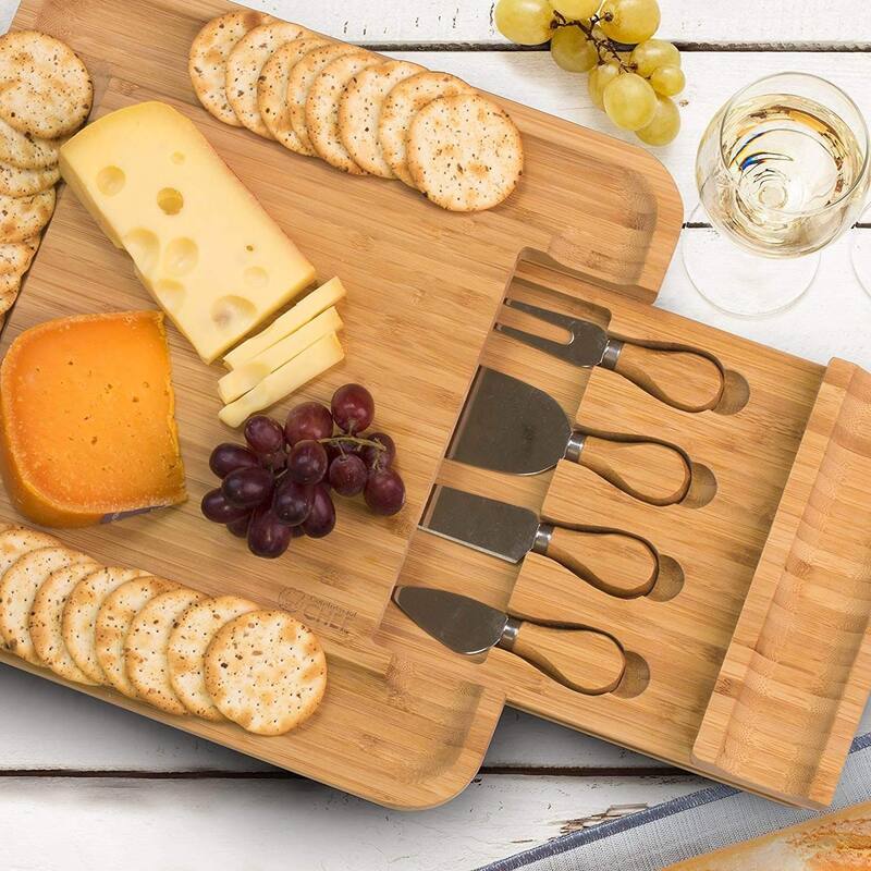 COMMERCIAL CHEF Cheese Board Premium Bamboo Kitchen Cutting Board Wood Set ,4 Stainless Steel Knife and Server Set, Large