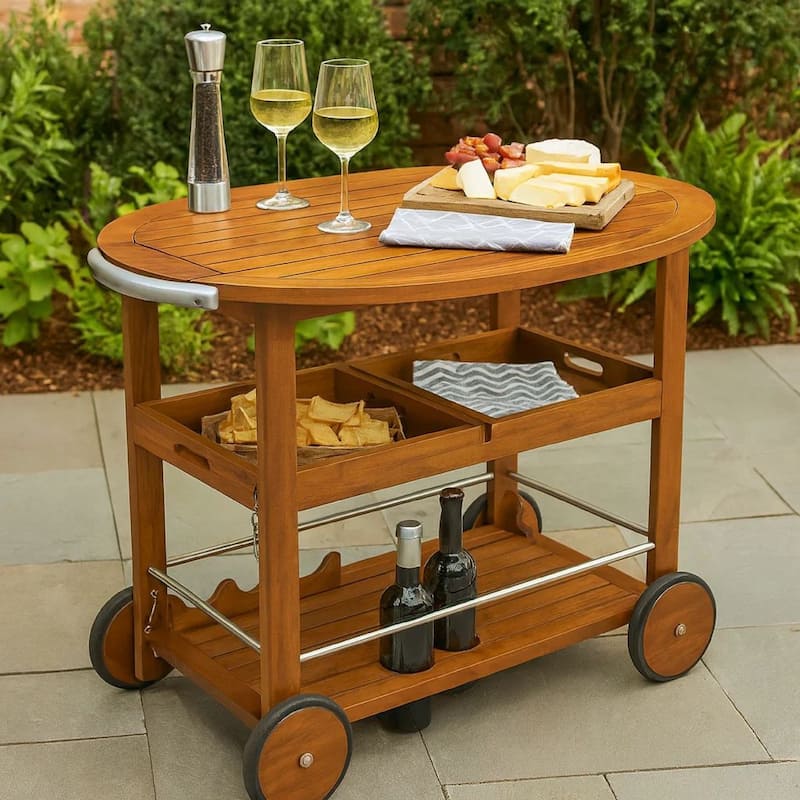 Rolling Bar Cart, 36 Inch Rectangular, 3 Tier, Oak Brown Wood, Silver