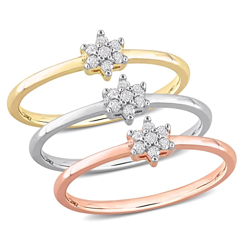 Miadora 1/5ct TW Diamond Floral Promise Rings 3-Piece Set Yellow Rose White Sterling Silver