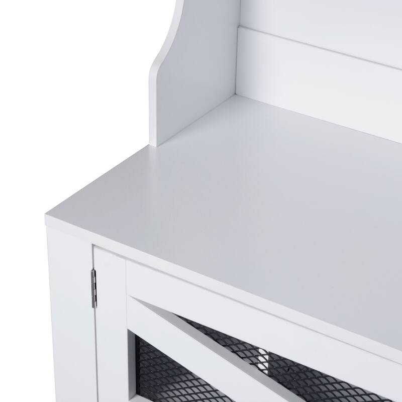Breathable Hall Tree Cabinet Coat Rack with Adjustable Shelves & Bench Seat, Shoe Storage Cabinet with Wire Mesh Door