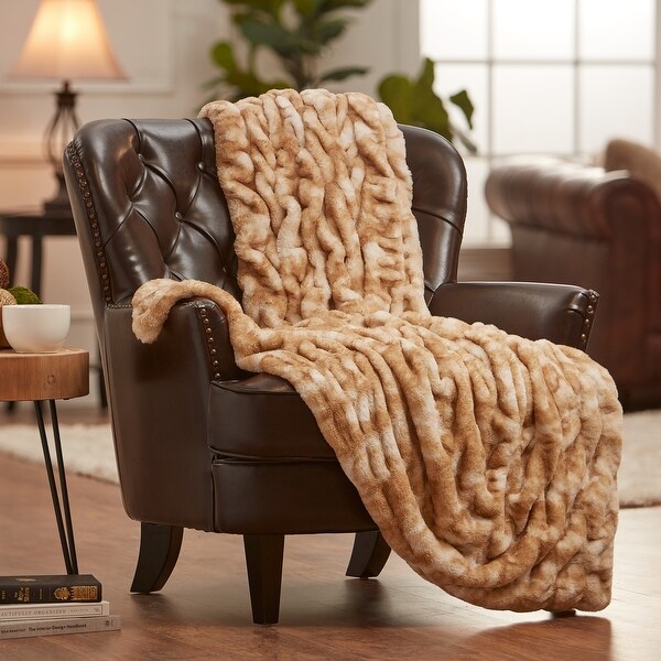 Chanasya Ruched Faux Fur Throw Blanket With Reversible Mink - On