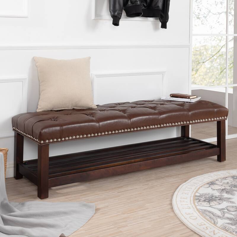 Comfortable Ottoman Bench Upholstered Seat with Solid Wood Frame, Entryway Footrest Seat with One Shelf at Bottom