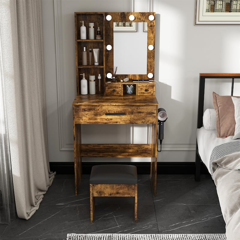 Vanity Table with Mirror & Adjustable LED Lights, Power Outlet, Hairdryer Holder & Stool
