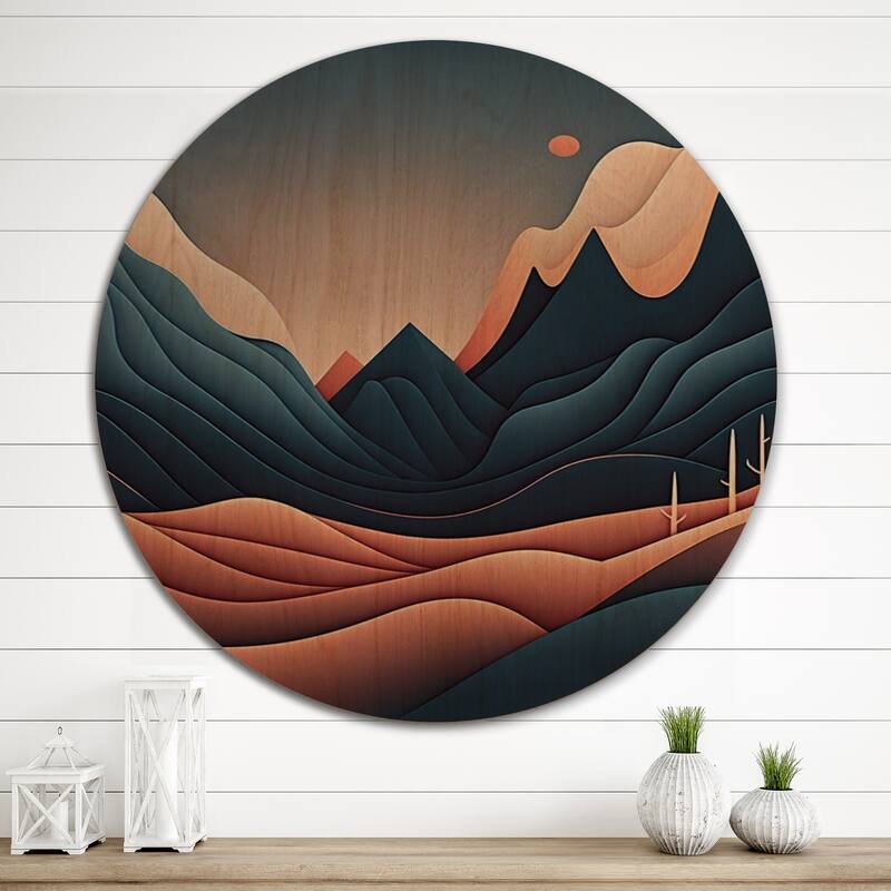 Designart "Red Moon Mountain Simplicity" Landscape Mountains Wood Wall Art - Natural Pine Wood - 23 In. Wide x 23 In. High