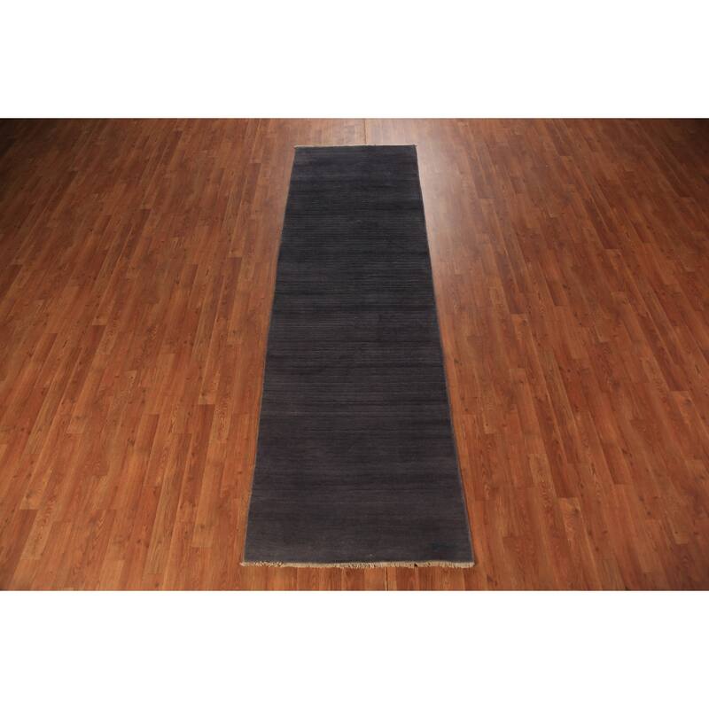 Modern Gray Gabbeh Runner Rug Hand-Knotted Grey Wool Carpet - 2'11" x 9'7"