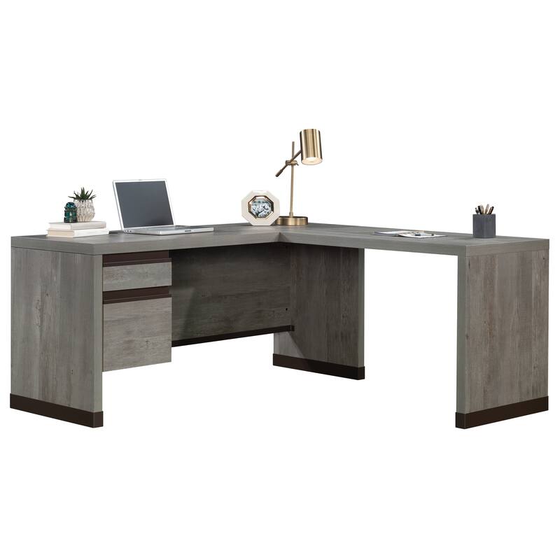 Engineered Wood Contemporary L-shaped Desk with Two Lockable Drawers, Brown