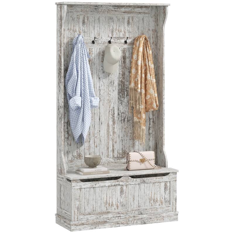 Modern Coat Rack with Anti-Tip Device Storage Bench 5 Hooks and Shoe Cabinet, for Entry and Hallway, Distressed White - White