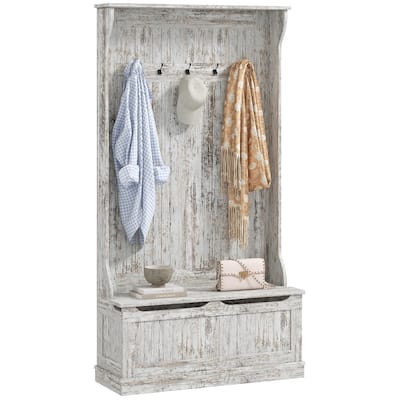 Modern Coat Rack with Anti-Tip Device Storage Bench 5 Hooks and Shoe Cabinet, for Entry and Hallway, Distressed White
