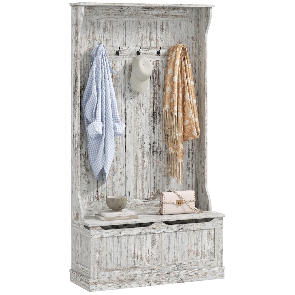 Modern Coat Rack with Anti-Tip Device Storage Bench 5 Hooks and Shoe Cabinet, for Entry and Hallway, Distressed White