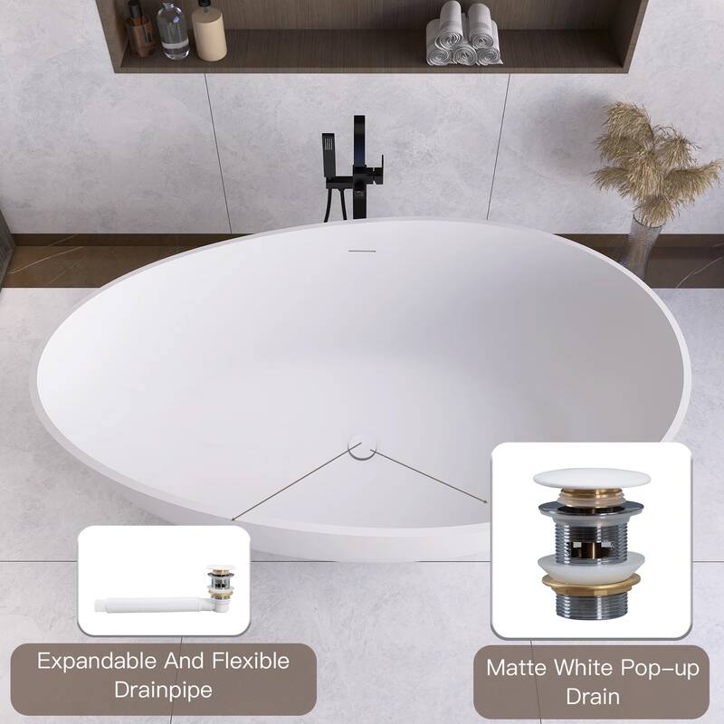 63 in. Solid Surface Freestanding Flatbottom Soaking Bathtub in White
