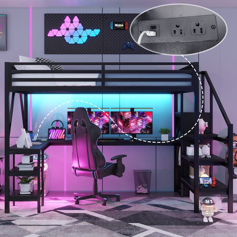 Metal Queen Loft Bed with Wardrobe and LED Light, Queen Size Loft Bed with L Shaped Desk and USB for Kids Teens Adults