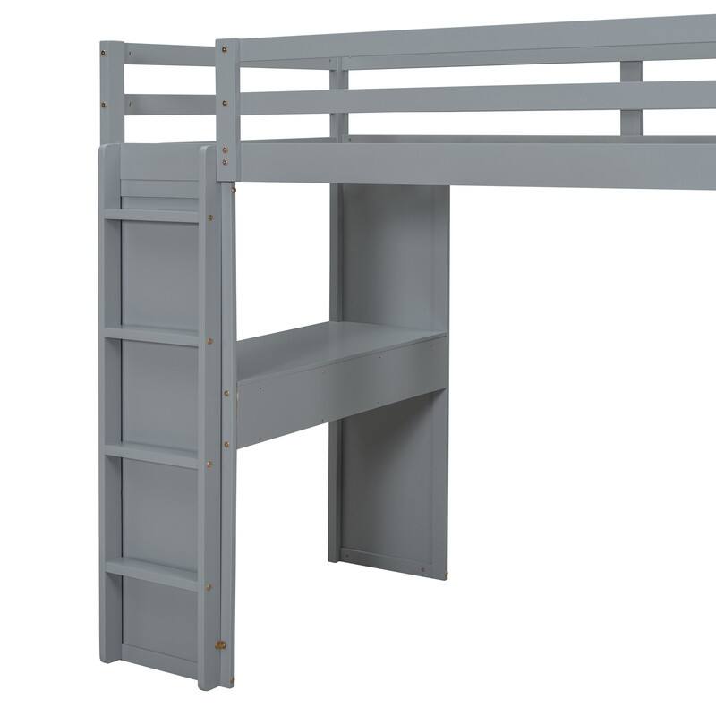 Full Size Solid Wood Loft Bed with Desk,Shelves,and LED Light