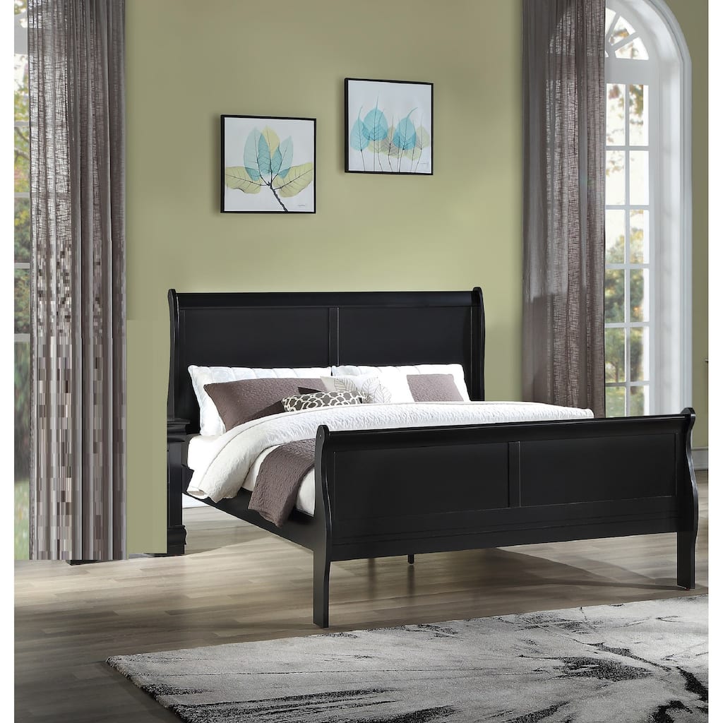 Full Size Panel Sleigh Bed in Black Finish, Solid Wood Bedroom Furniture