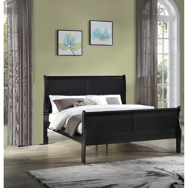 Full Size Solid Wood Sleigh Bed with Louis Philippe Style - Black