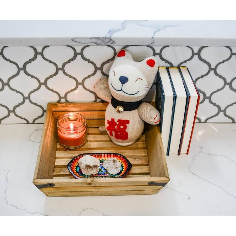Natural wood small shallow square crate with metal corner design