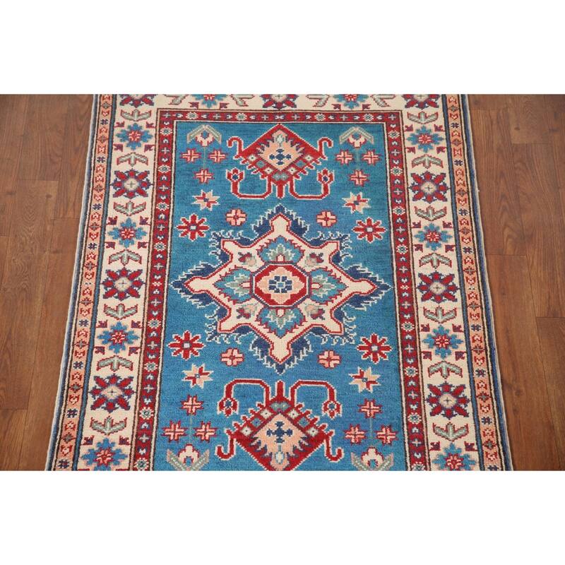 Blue Geometric Kazak Oriental Accent Rug Handmade Wool Carpet - 2'9" x 4'0"