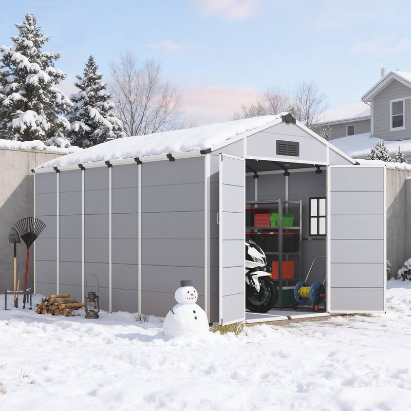 EROMMY Outdoor Storage Shed with Built-In Floor, Lockable Double Doors & Sloped Roof, Gray/Black - 8' x 12' - Grey