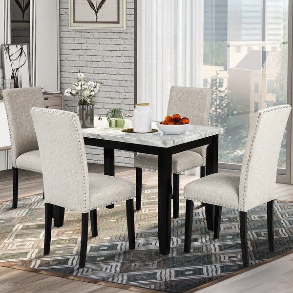 Faux Marble 5 Piece Dining Set Table with 4 Cushion Dining Chairs