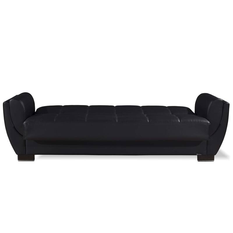 HomeRoots 93" Black Faux Leather Convertible Futon Sleeper Sofa And Toss Pillows With Storage