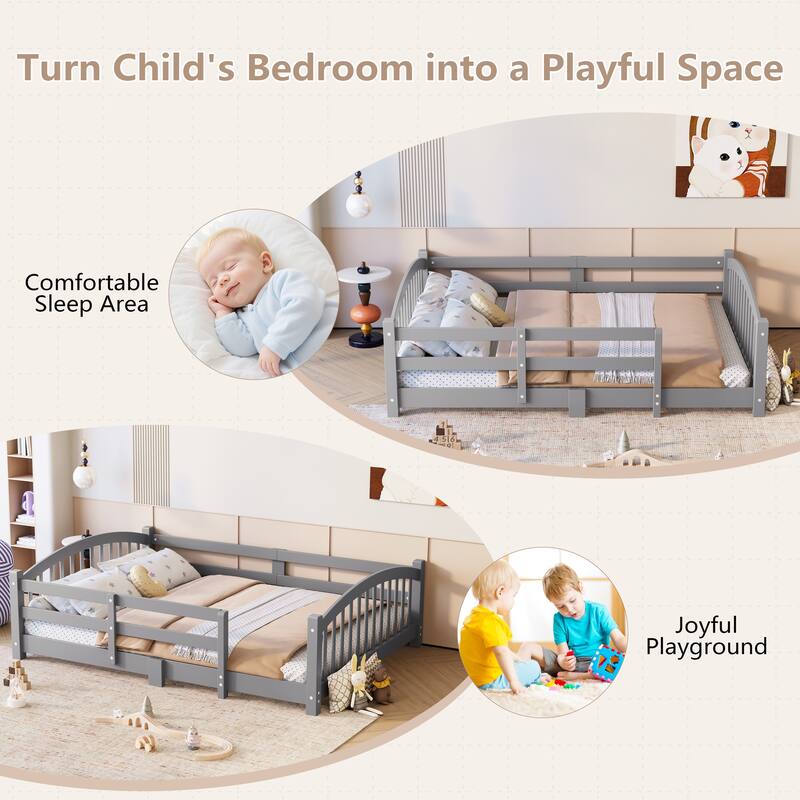 Montessori Floor Bed with Fence - Full/Twin Solid Wood, Slats & Safety Guardrails, Easy Assemble