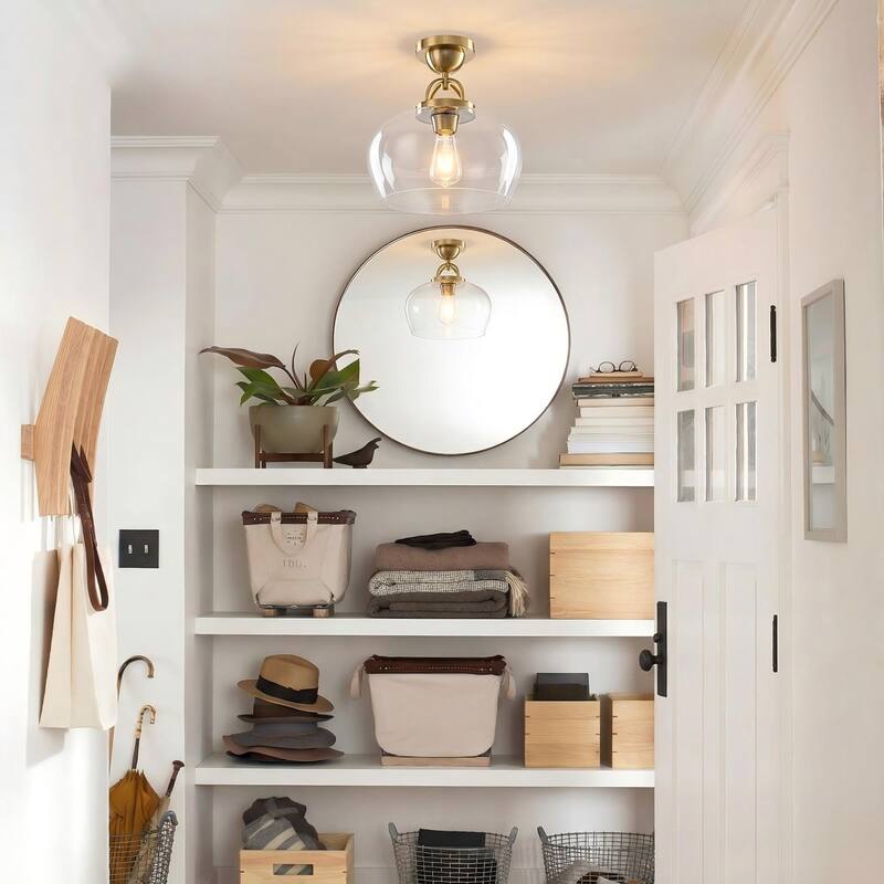 1-Light Modern Metal & Glass Flush Mount with Transparent Open Flat-Ball Shade for Bedroom - 11.8 in. W x 13 in. H