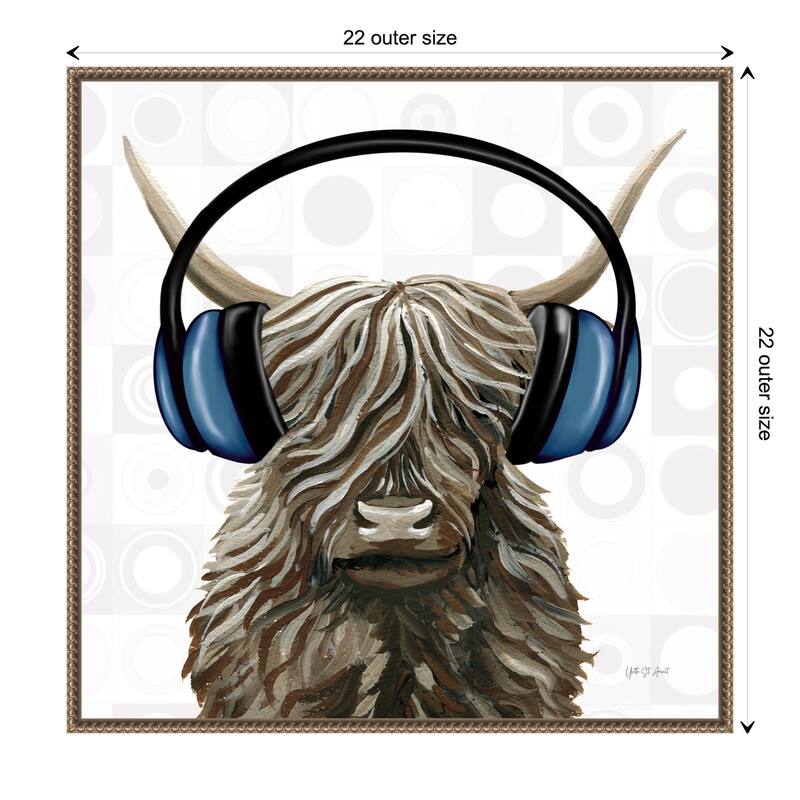Music Cow Blue Crop by Yvette St. Amant Framed Canvas Wall Art Print - Sylvie Beaded Bronze - 22 x 22 in