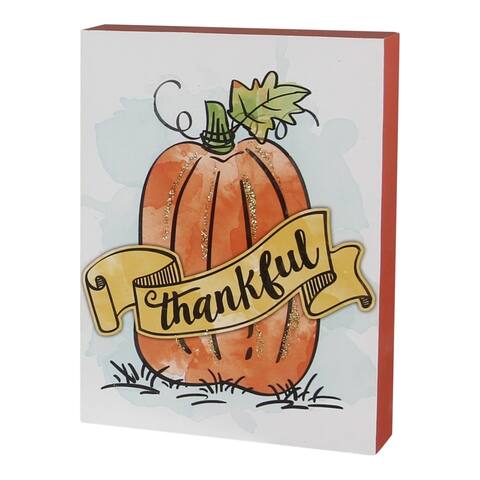 Glittered Pumpkin Thankful Fall Block Tabletop Sign Wood 8 Inches - Multi