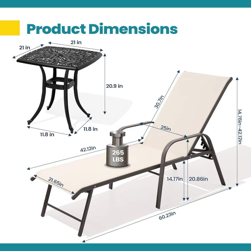 Pellebant Outdoor Patio Lounge Chairs Set Aluminum Adjustable Backrest with Side Table
