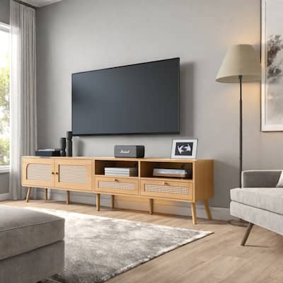 78.74" TV Stand with Rattan Accents for 85" TVs, 2 Drawers + 2 Cabinets