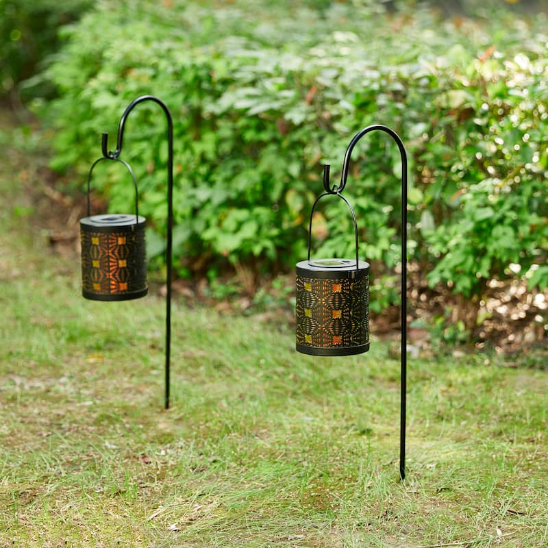 Glitzhome Set of 2 Metal Cutout Laser Outdoor Solar Lantern with Hanging LED Light Garden Stakes
