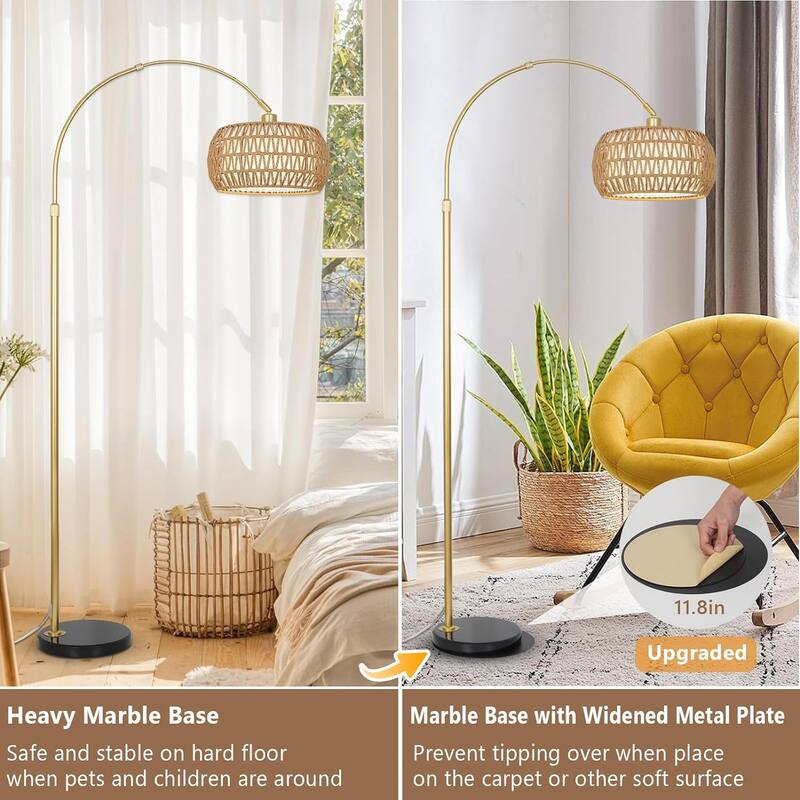 Arc Floor Lamp with Remote & Dimmable Bulb, Boho Rattan Standing lamp with 3 Color Temperatures, Height Adjustable Tall Lamp