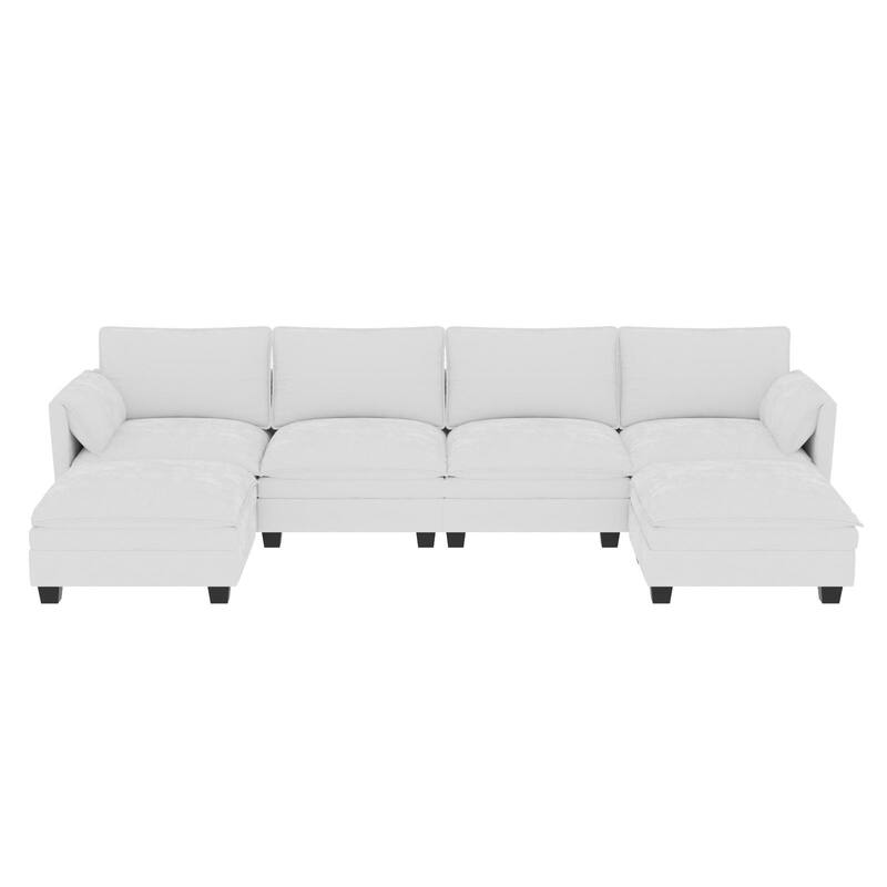 U-Shaped Sectional Sofa with Movable Ottoman, Oversized Fabric Upholstered 6 Seater Sofa, Deep Seat Sofa with Side Pockets
