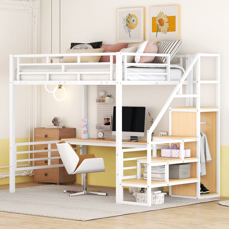 Full Size Metal Loft Bed with Desk, Storage Staircase and Small