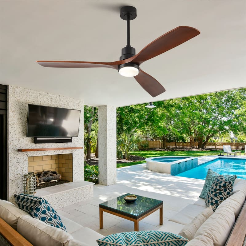 60 Inch Modern Black Ceiling Fan With Light 3 Solid Wood Blades Remote Control Reversible DC Motor With Dimmable LED