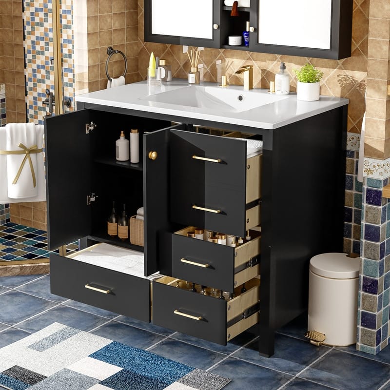 36" Bathroom Vanity with Ceramic Sink, 4 Drawers& Soft Closing Doors