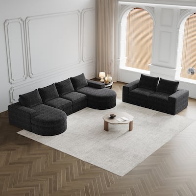 Variety Collocation Chenille Cloud Sectional Sofa with Chaise, Modular Sofa with Curved Chaise Lounge and Pillows Back