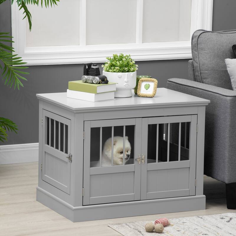 Wooden Dog Kennel Dog Crate End Table with Magnetic Doors Indoor Use Puppy Crate Dog House for Small Dogs - Dark Gray