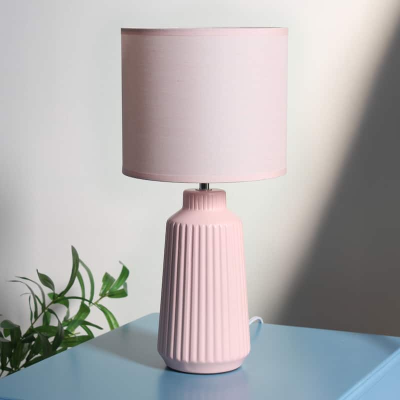 Textured Ceramic Table Lamp with Fabric Drum Shade Modern Faceted Base Compact Accent Lighting Multiple Colors