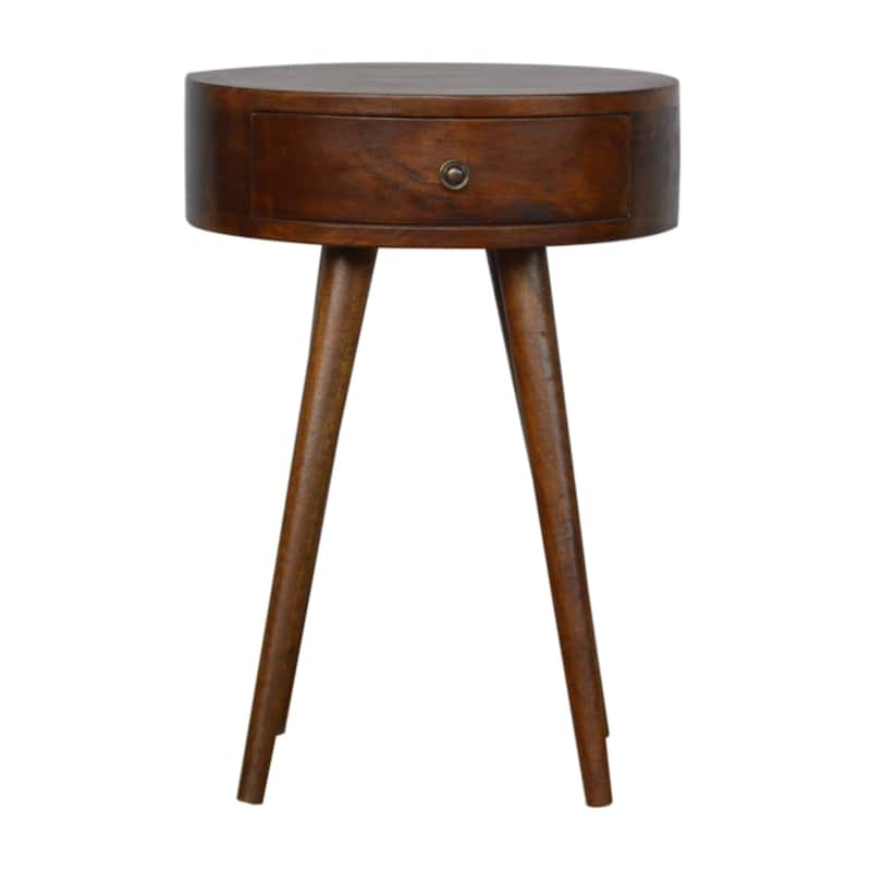 Circular Chestnut Nightstand with Nordic Legs and One Drawer