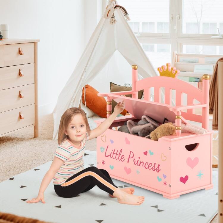 2-In-1 Kids Princess Wooden Toy Box with Safe Hinged Lid-Pink - 23.5" x 12" x 25"(L x W x H)