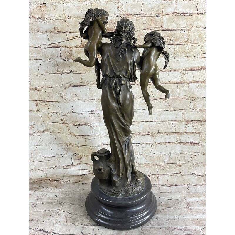 Signed Moreau Young Lady With Two Angels Bronze Sculpture Statue Figurine Decor