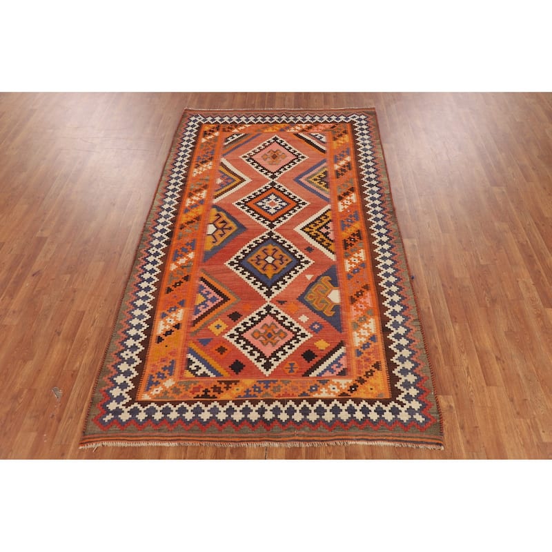Orange Kilim Qashqai Persian Vintage Area Rug Hand-Woven Wool Carpet - 5'2"x 8'11"
