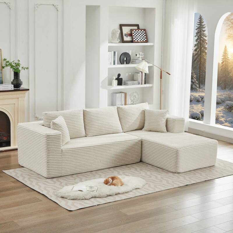 Modular Sectional Sofa with L-Shape Chaise, Oversized Corduroy Upholstered Cloud Sofa, Deep Seat Sofa with 2 Throw Pillows