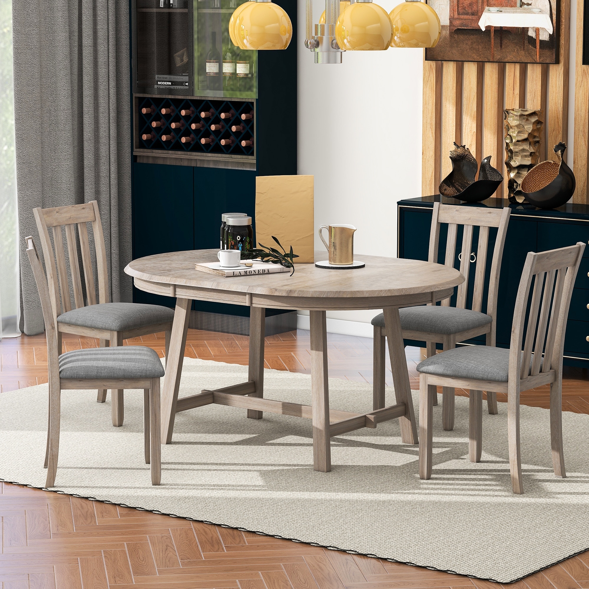 5-Piece Round Extendable Dining Table and Chairs Set with Chairs