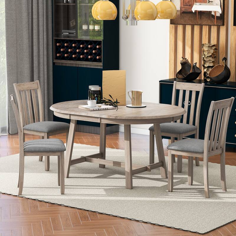 Practical Round Extendable Dining Table with 4 Dining Chairs, 5-Piece Wood Dining Table and Chairs Set for 4