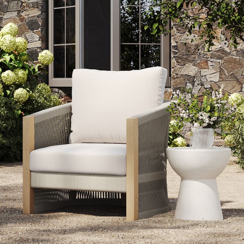 Jagger Farmhouse Patio Seating with Solid Acacia Wood Frame, Cushions, and Rope Accent - Ash White/Gray Oak - 1 Armchair