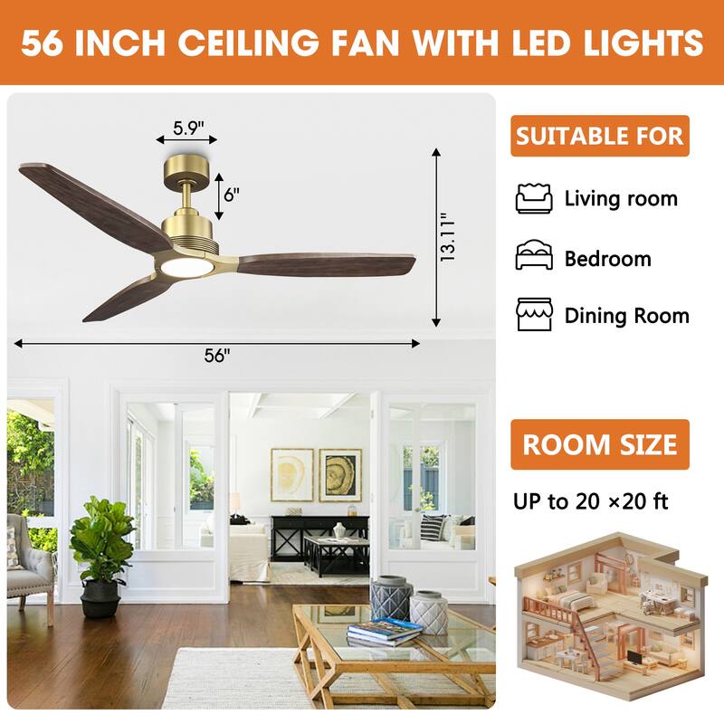 Parrot Uncle 56" Farmhouse Solid Wood Diammable LED Gold Ceiling Fan with Remote and Light