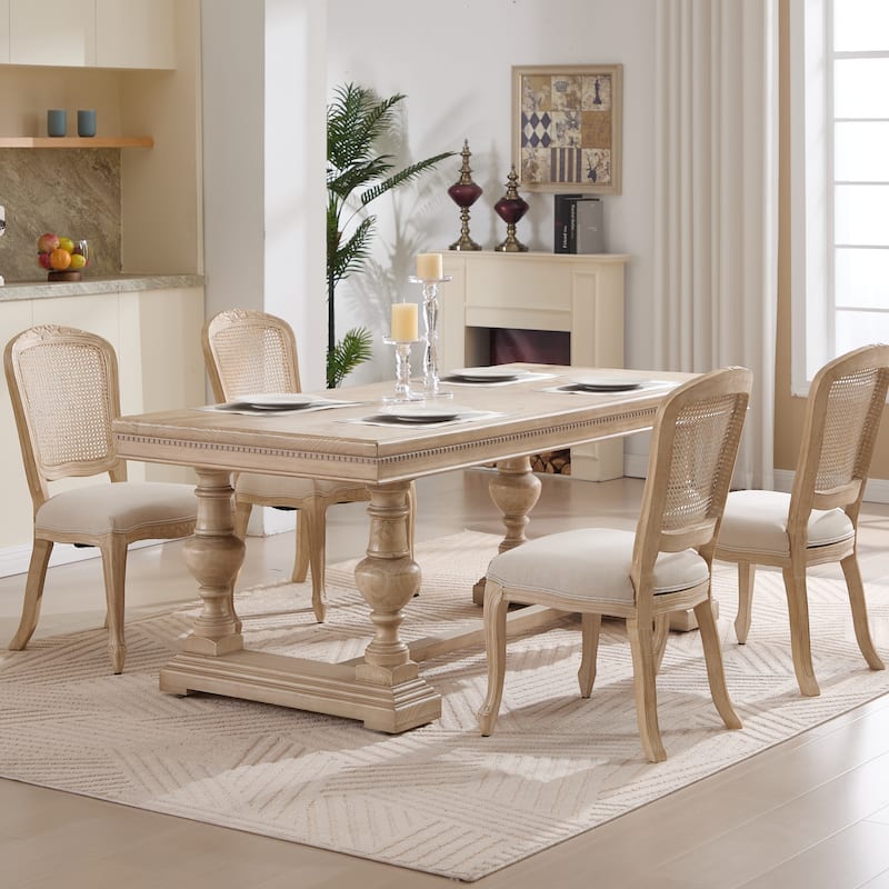 French Country Wood Dining Chairs Set of 2 Cotton Linen Seat