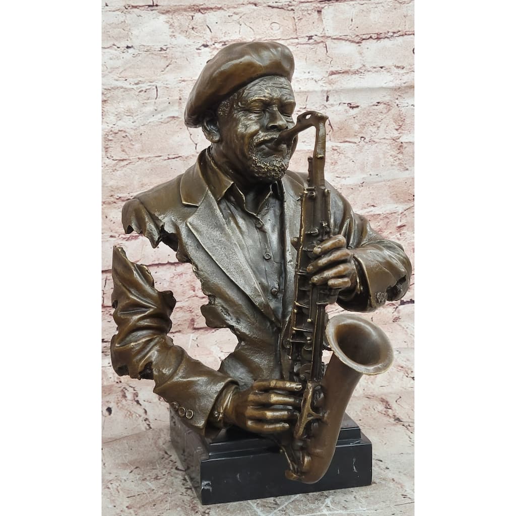 Bronze Sculpture Statue Of African American Black Jazz Saxophone Musician, Signed