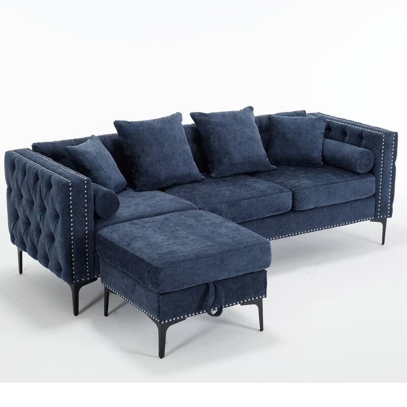 85'' L-Shaped 4 Seater Sectional Sofa with Convertible Storage Ottoman, Pillows, Solid Wood Frame, Modern Tufted Design